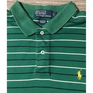 Vintage Ralph Lauren Green Striped Short Sleeve Polo Yellow Pony Size Large